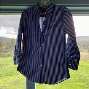 XS 🛍️ NEW Ralph Lauren Women Navy Blue White Striped Shirt TRAVEL casual